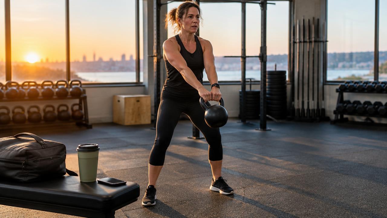 Woman doing an early morning kettlebell workout before work with her laptop bag and coffee nearby