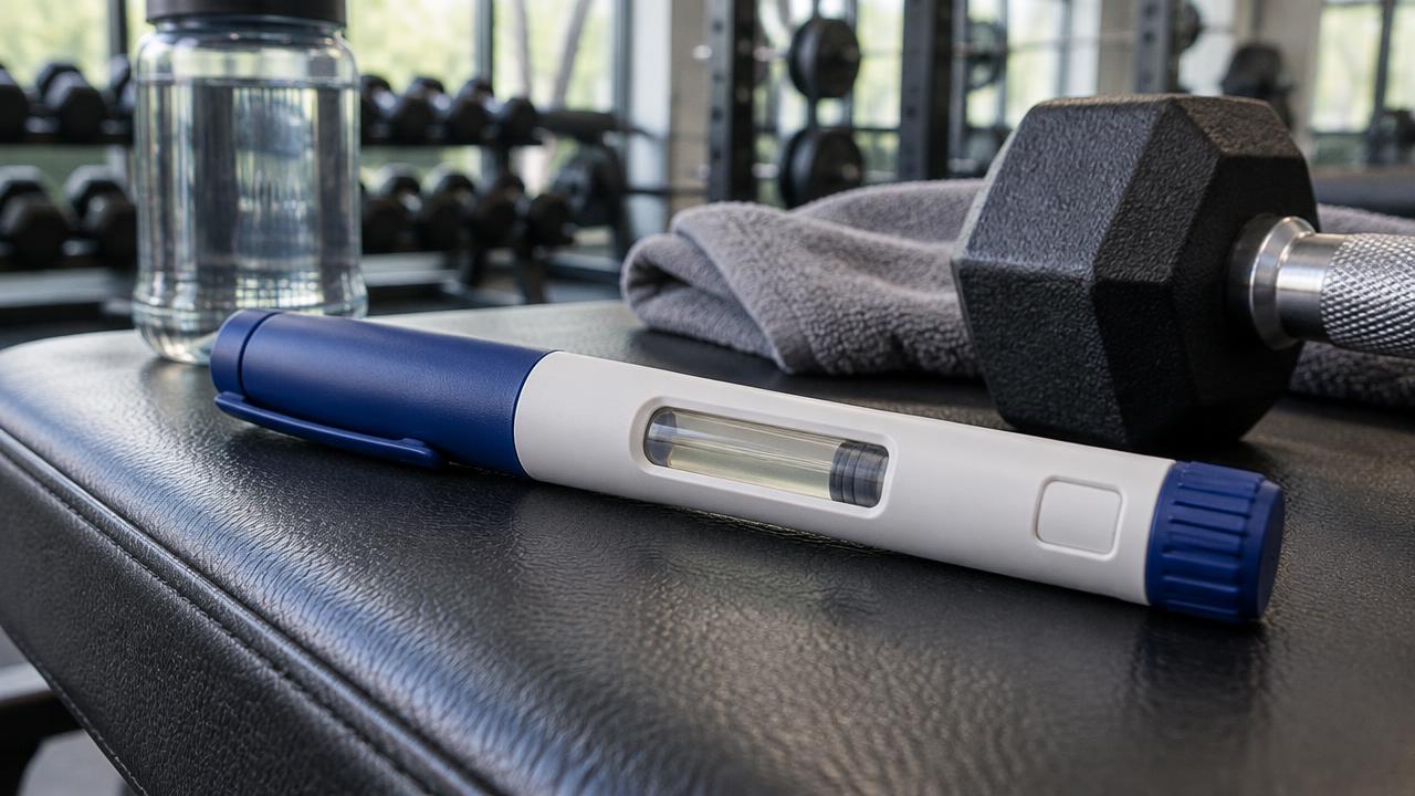 Unbranded weight-loss injection pen next to a dumbbell on a gym bench