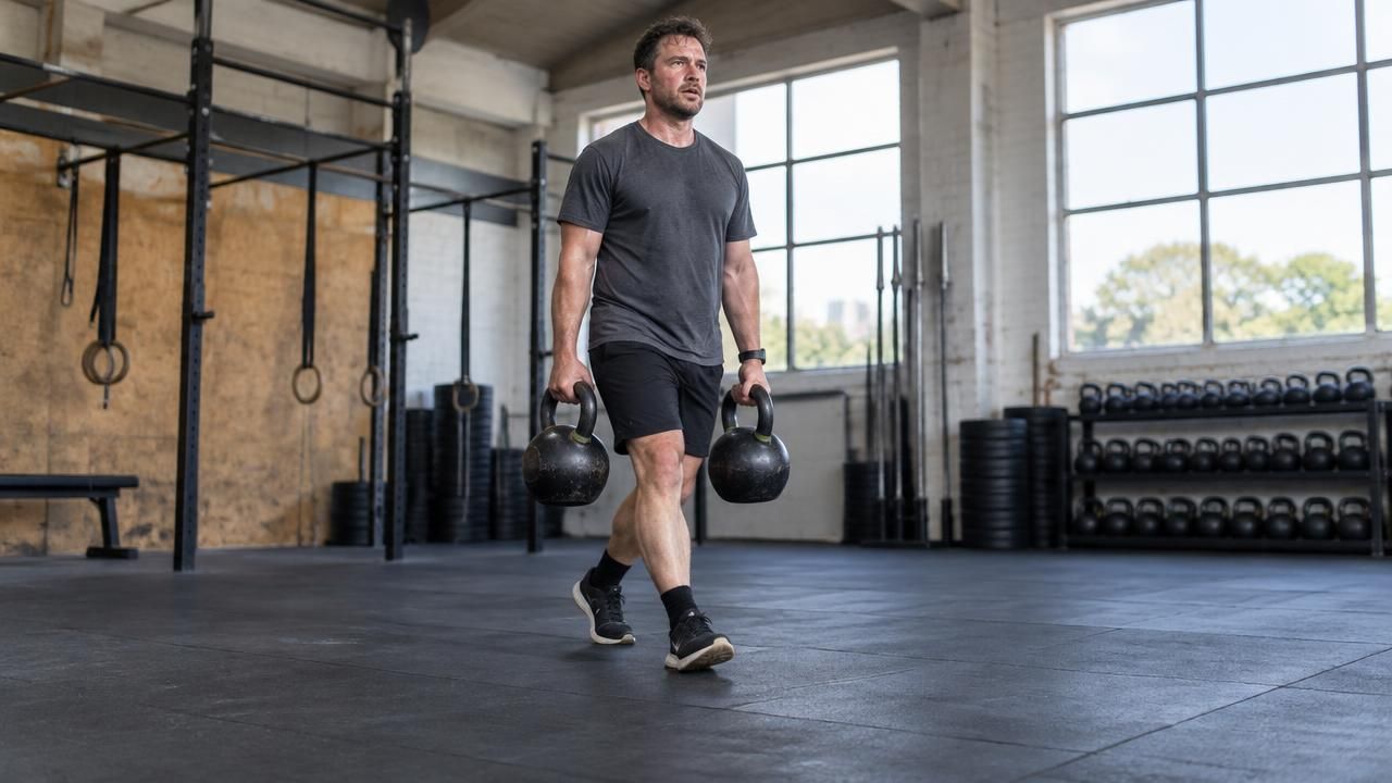 Man doing a heavy kettlebell farmer's carry across a gym floor