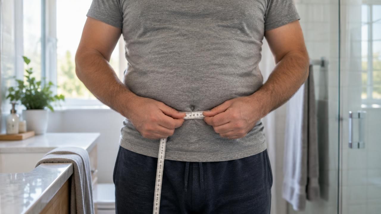 Man in his 40s measuring his waist with a tape measure in the morning