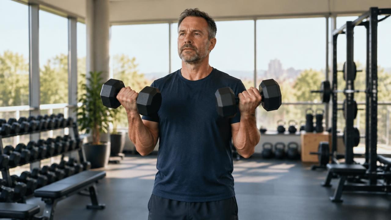 Man in his forties lifting a pair of dumbbells in a bright daylight gym space