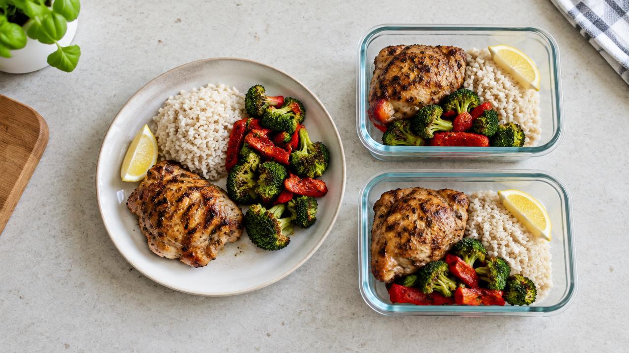 High-protein chicken, rice and vegetable dinner with meal-prep containers on a kitchen bench
