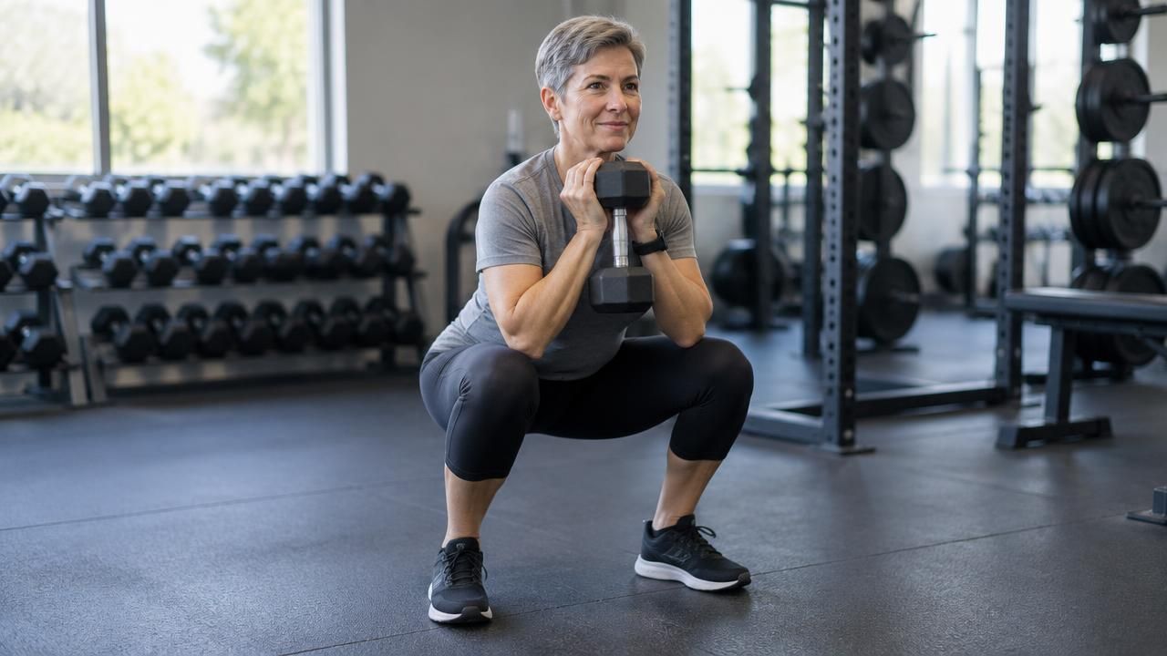 Woman in her 50s doing a dumbbell goblet squat in a strength gym